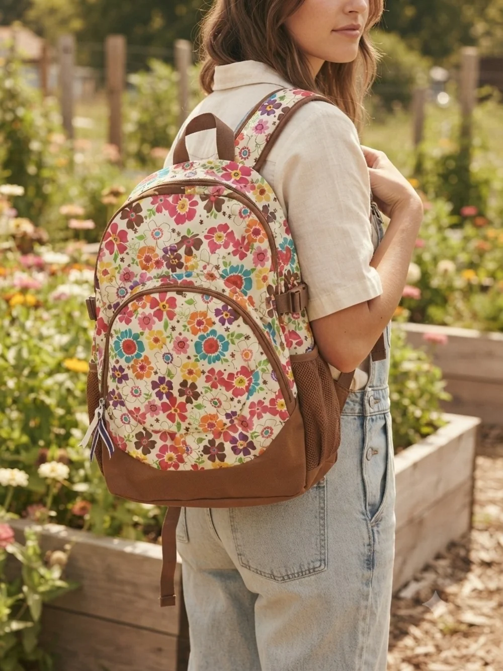 Floral Canvas Backpack with Brown Trim - Floral